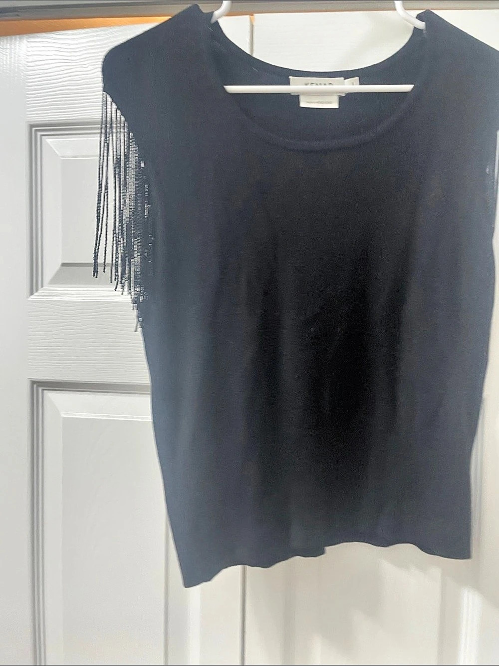 KENAR Fringe Sleeveless Beaded Top in Black Large Like New